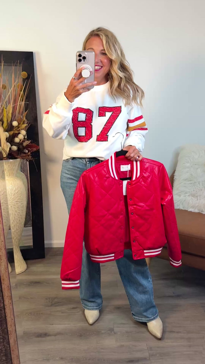 Scarlet Quilted PU Bomber Jacket : Red