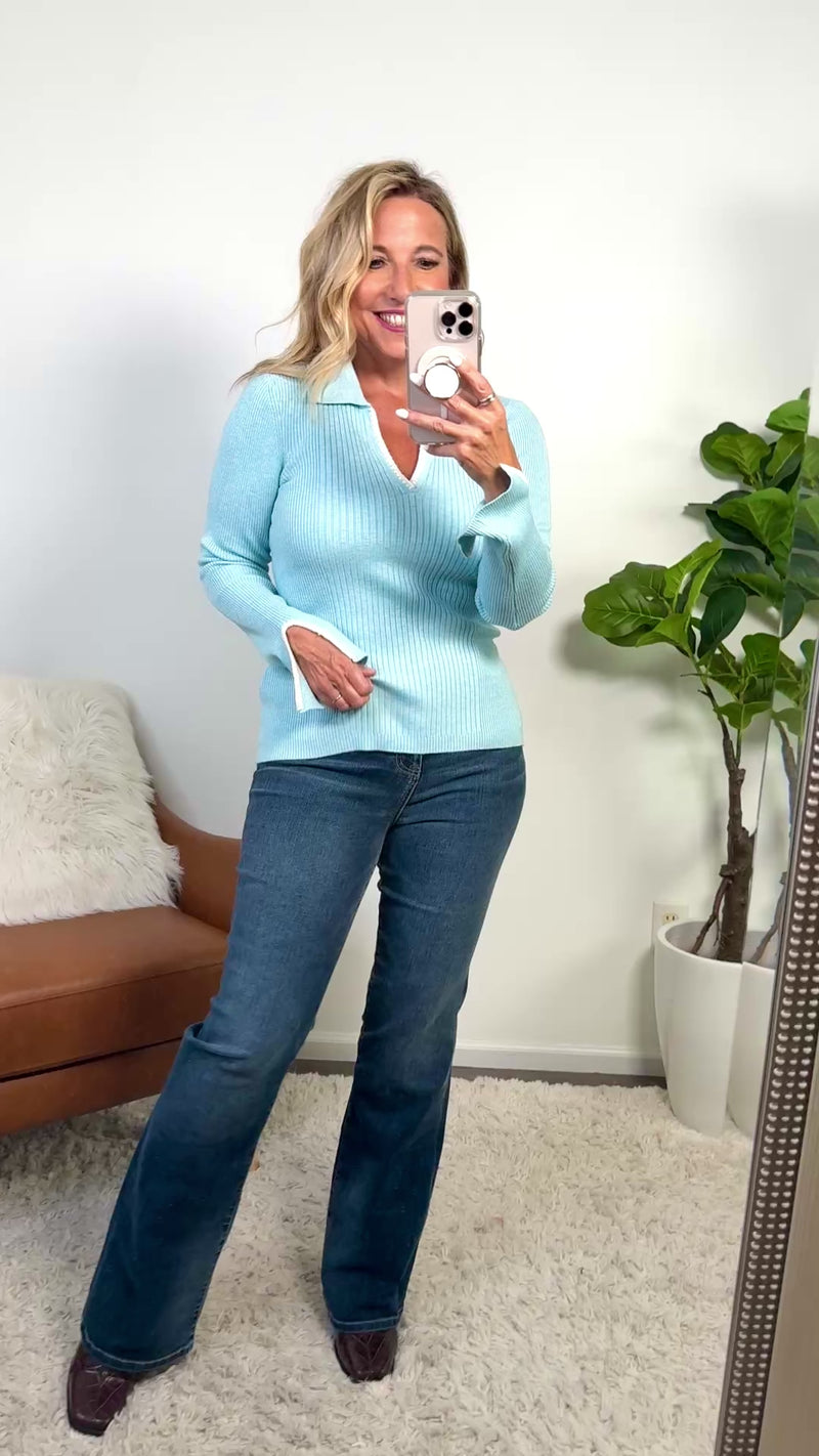 Tribal Piper Polo Sweater w/ Blanket Stitch : Agua
