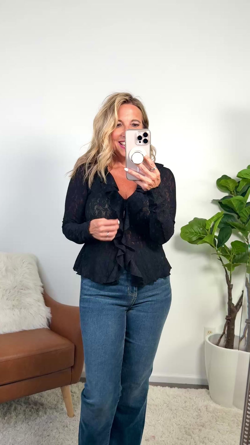 Phyllis Knit Lace Blouse with Ruffle Trim : Black