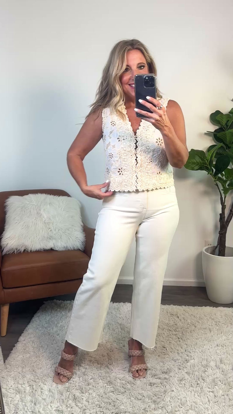 Michiko Floral Lace Button Up Vest : Cream