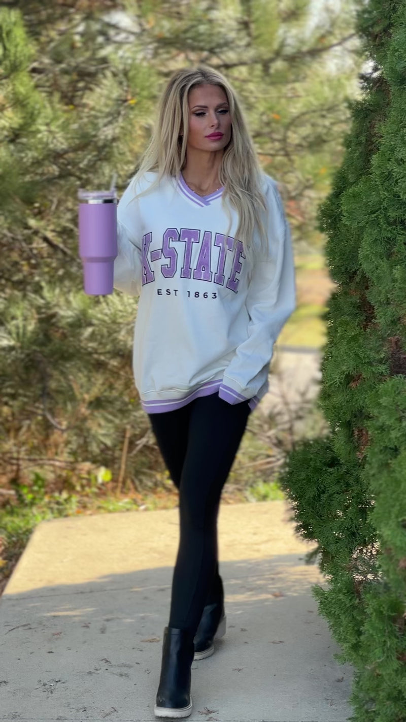 K-State Chenille Letter V-Neck Pullover : White/Lavender