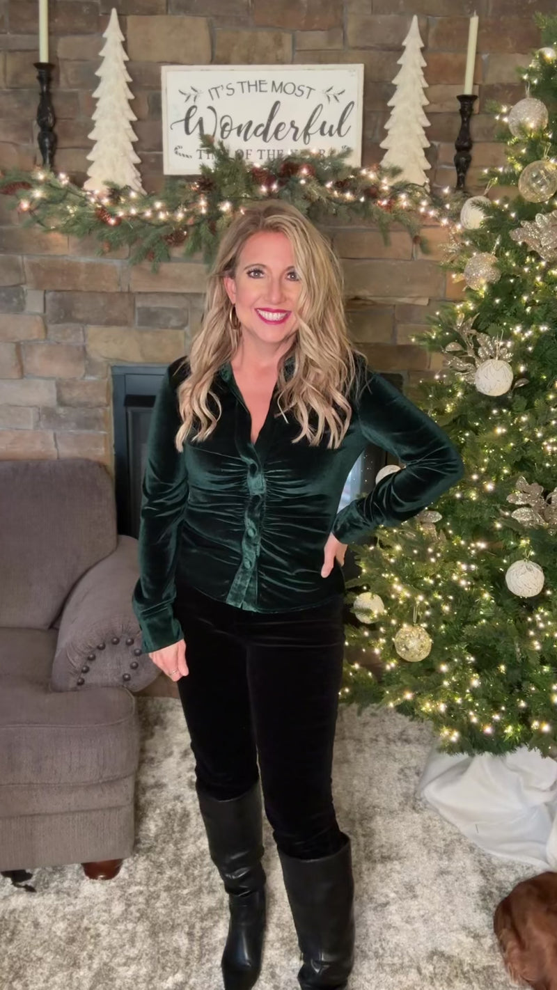 Lille Velvet Button Up Long Sleeve Top : Green