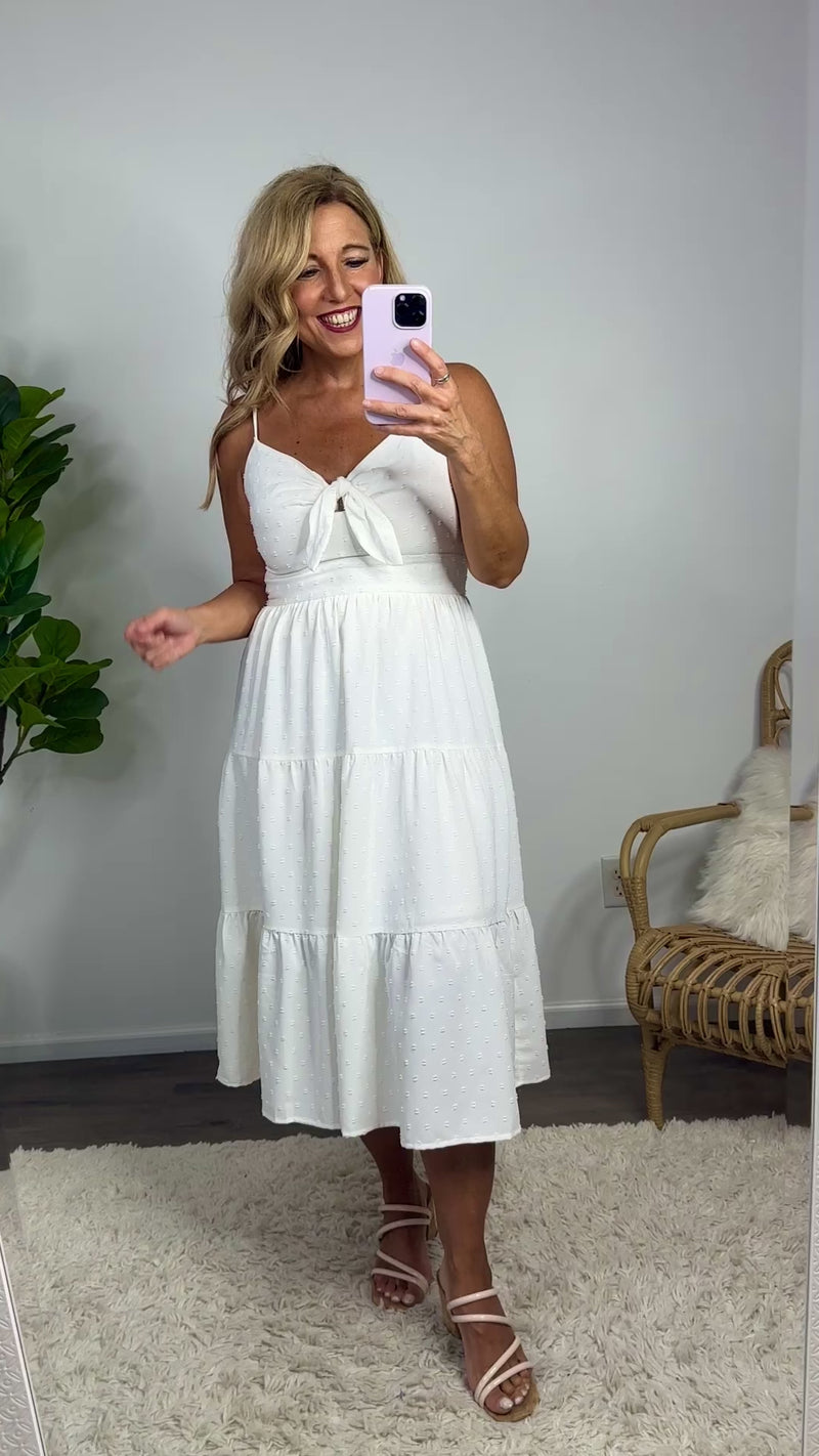 In The Moment Swiss Dot Tiered Midi Dress : Ivory