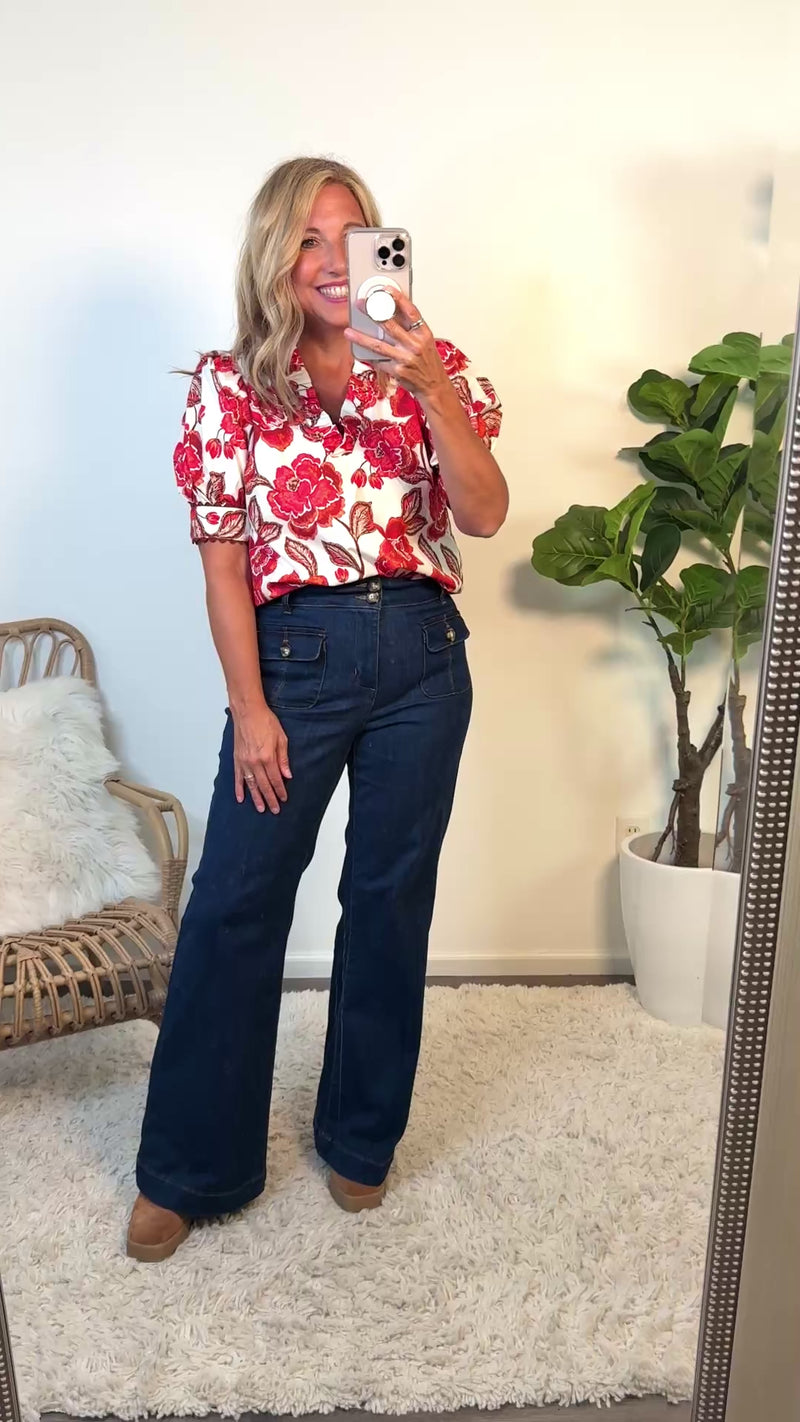 Danika Floral Print V neck Top : Brick