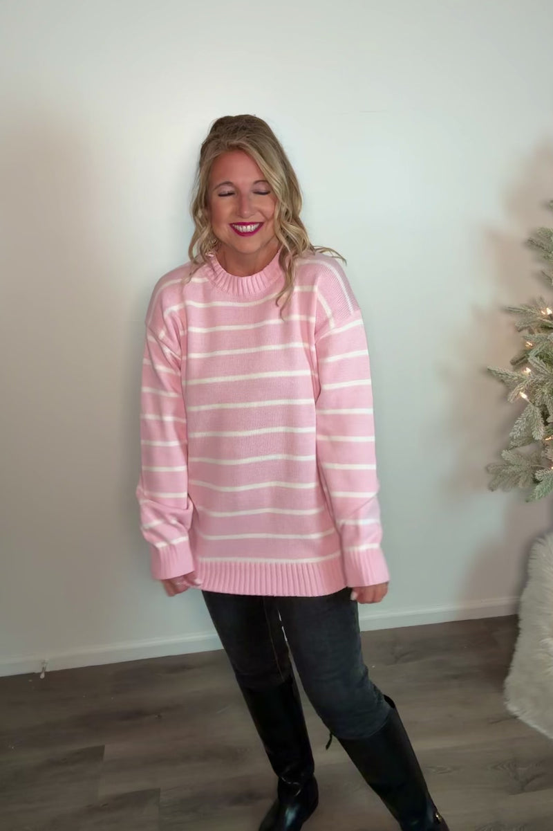 Auden Oversized Striped Knit Sweater : Pink/White