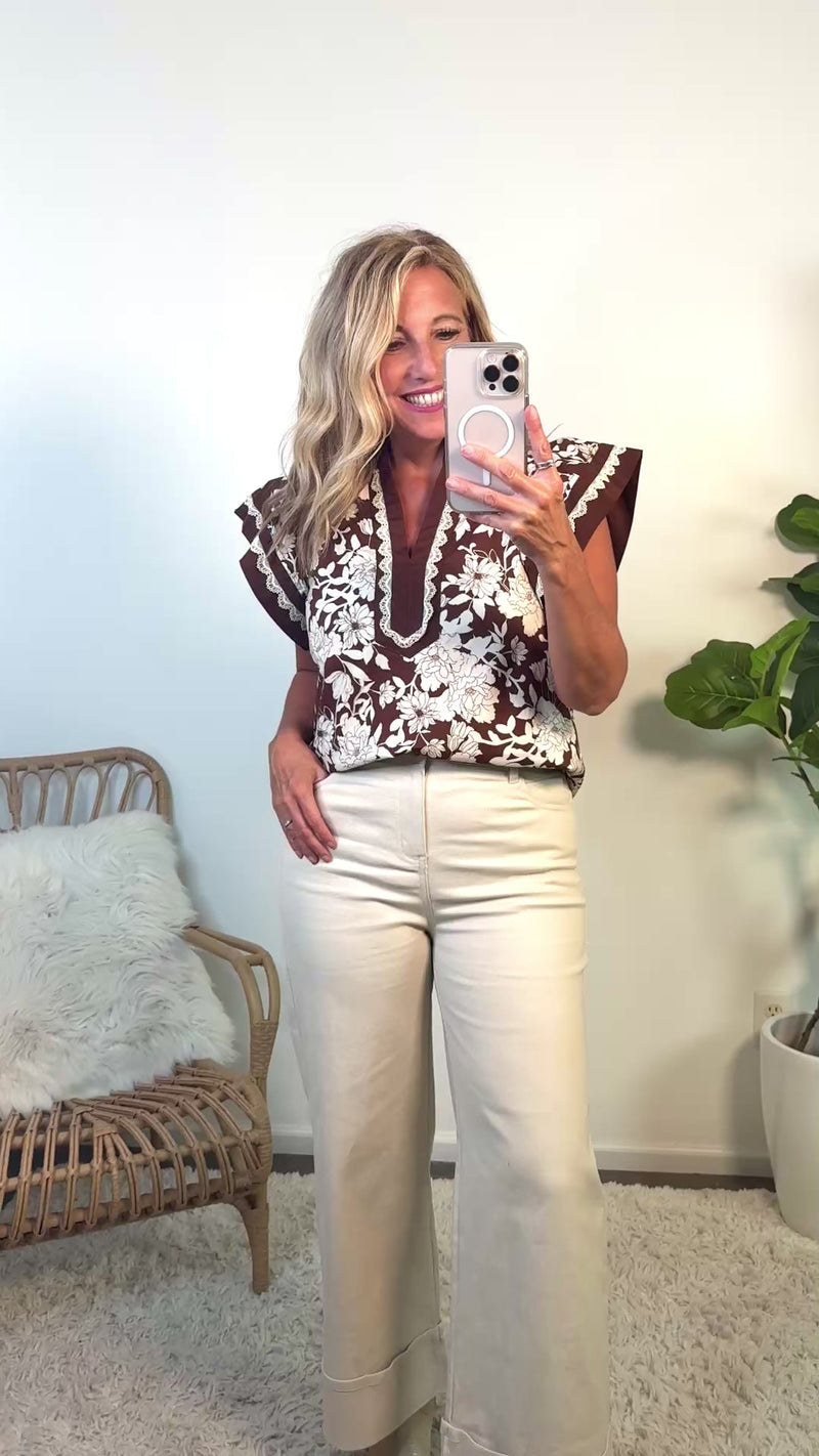 Laren Floral Print Top w/ Embroidered accents : Brown