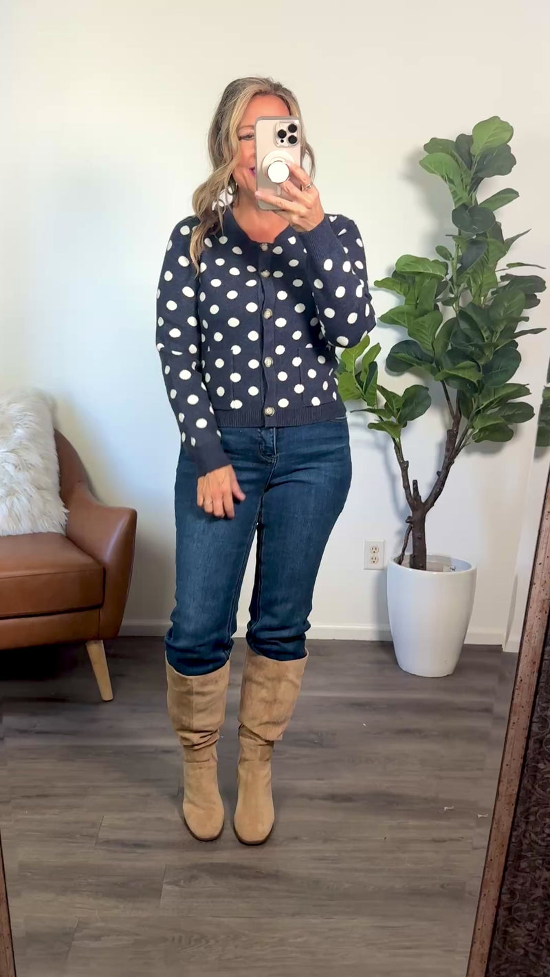 Georgianna Button Up Polka Dot Sweater Cardigan : Navy