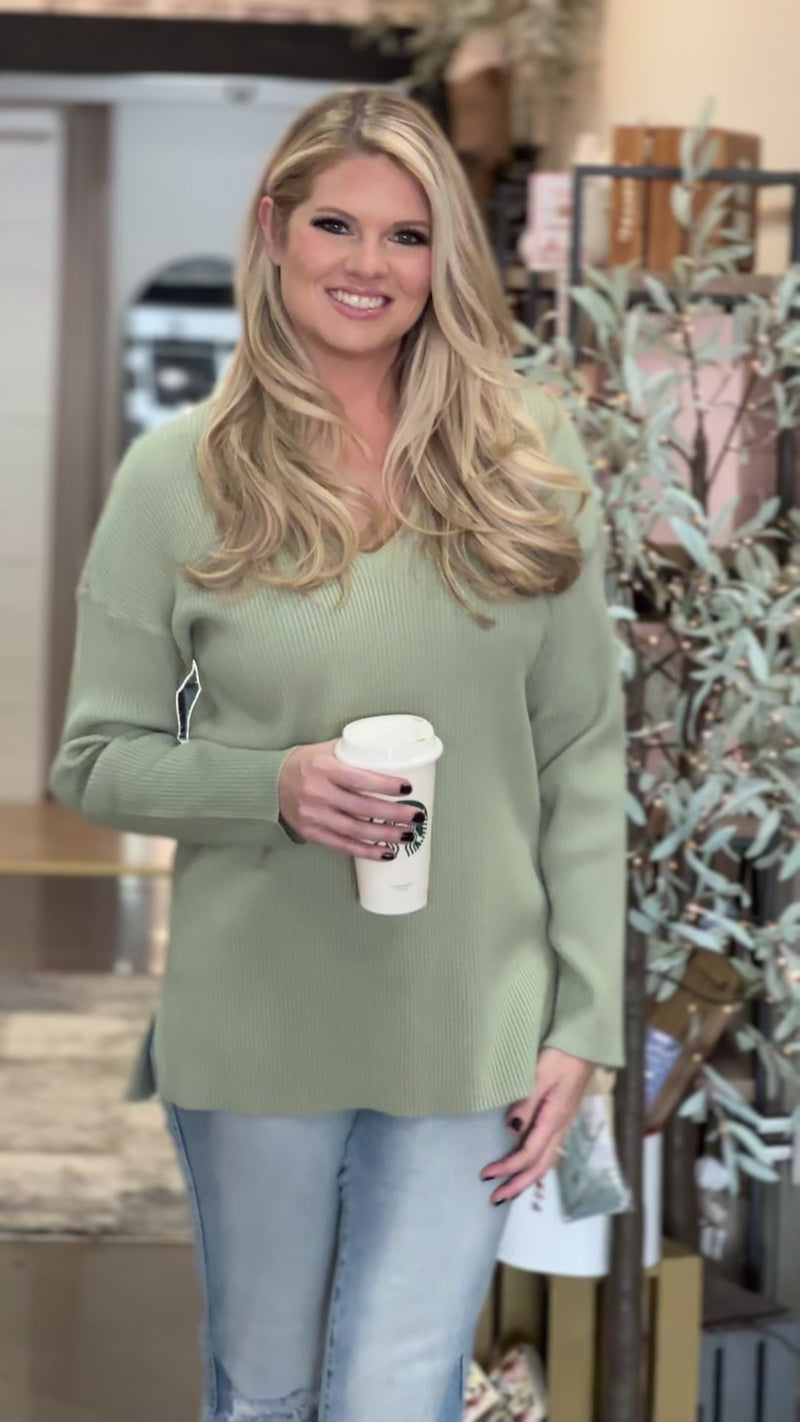 Best Moves Ribbed V-Neck Sweater : Sage