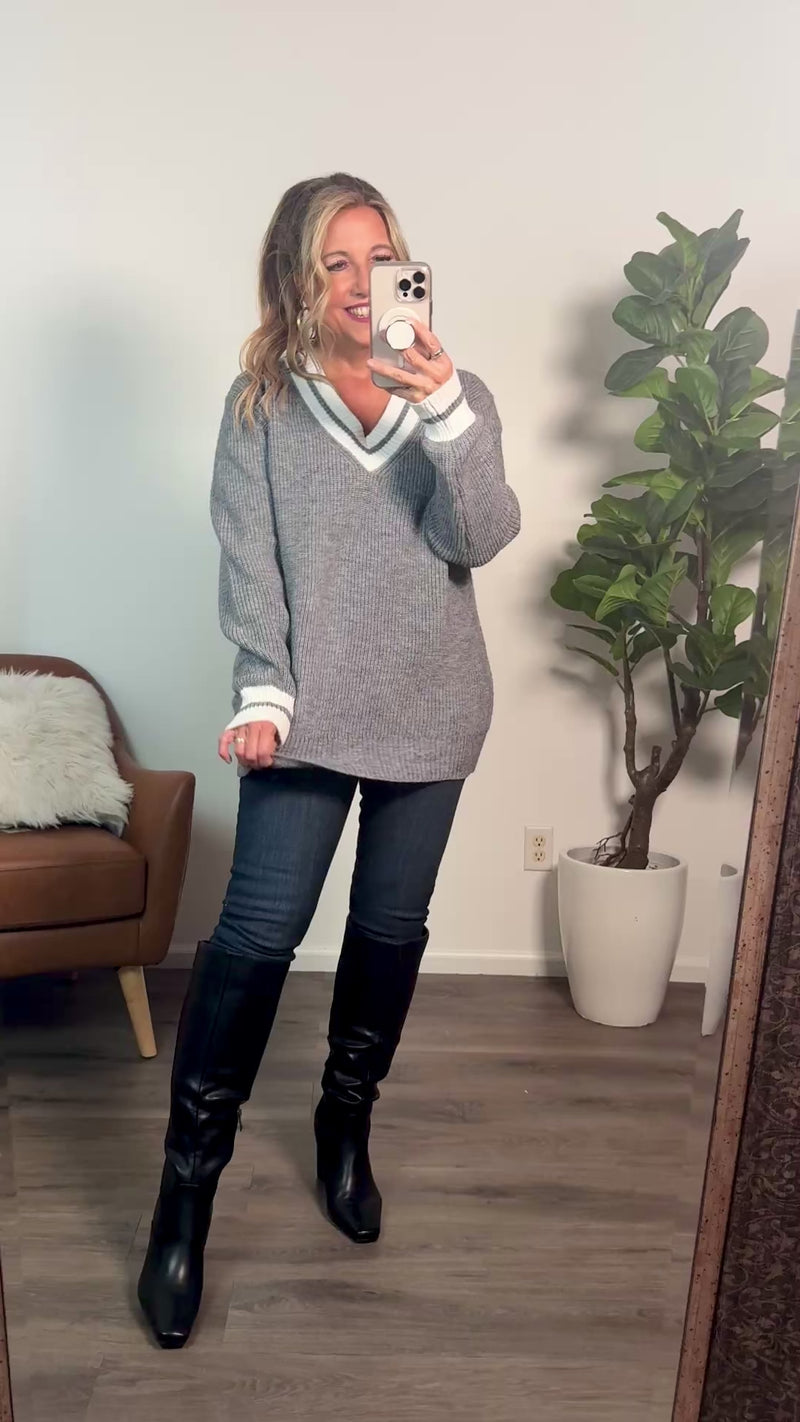 Leighton V Neck Varsity Sweater : Heather Charcoal