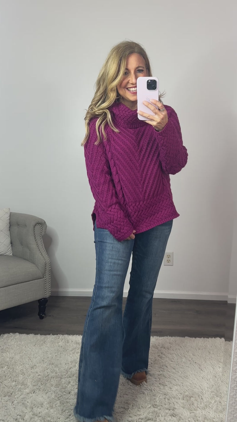 A True Beauty Mixed Cable Knit Turtleneck Sweater : Magenta