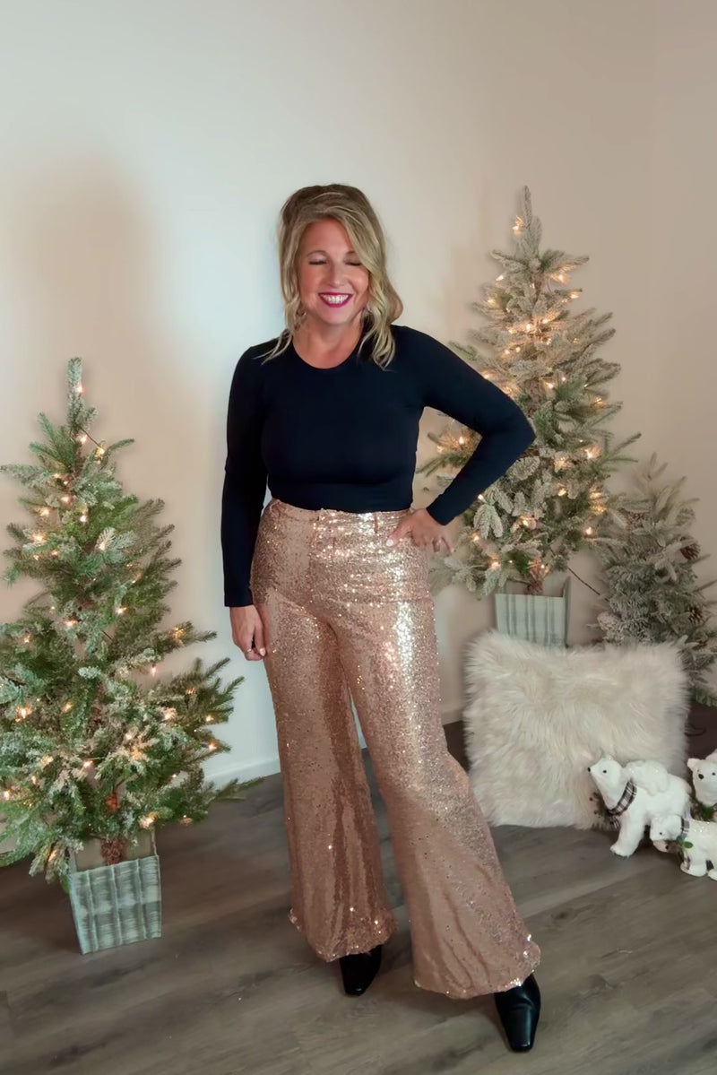 Adelaide Sequin Flare Pants : Rose Gold
