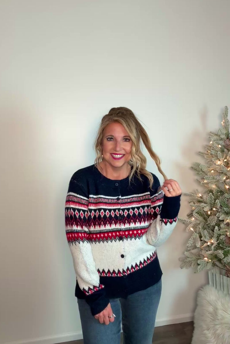 Chloris Nordic Pattern Sweater Cardigan : White/Navy Multi