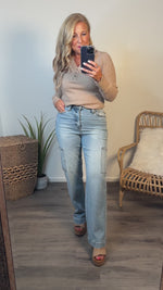 Renae High Waisted Judy Blue Cargo Wide Jeans : Lt. Denim