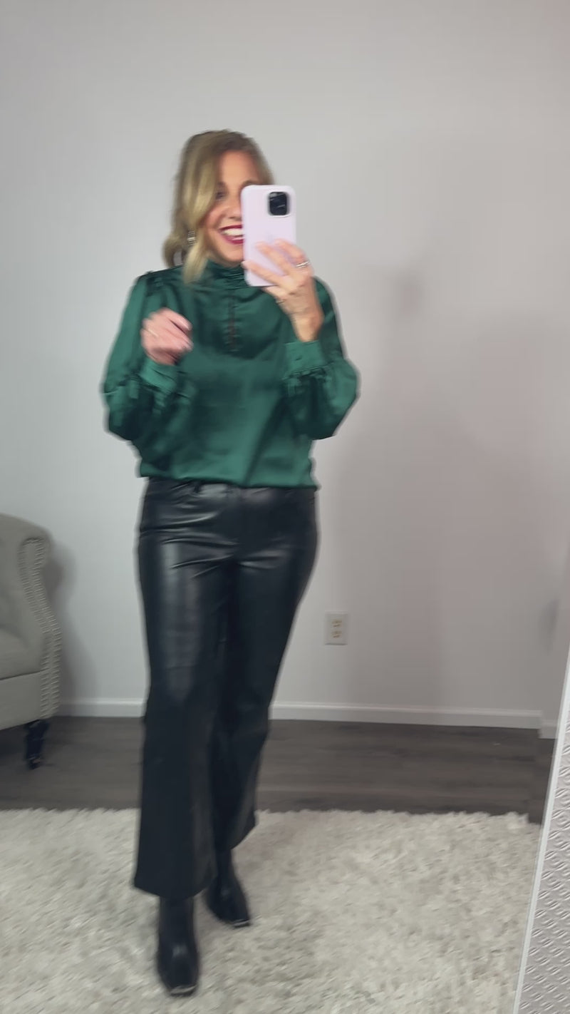 Celebrate And Sip High Neck Balloon Sleeve Blouse : Hunter Green