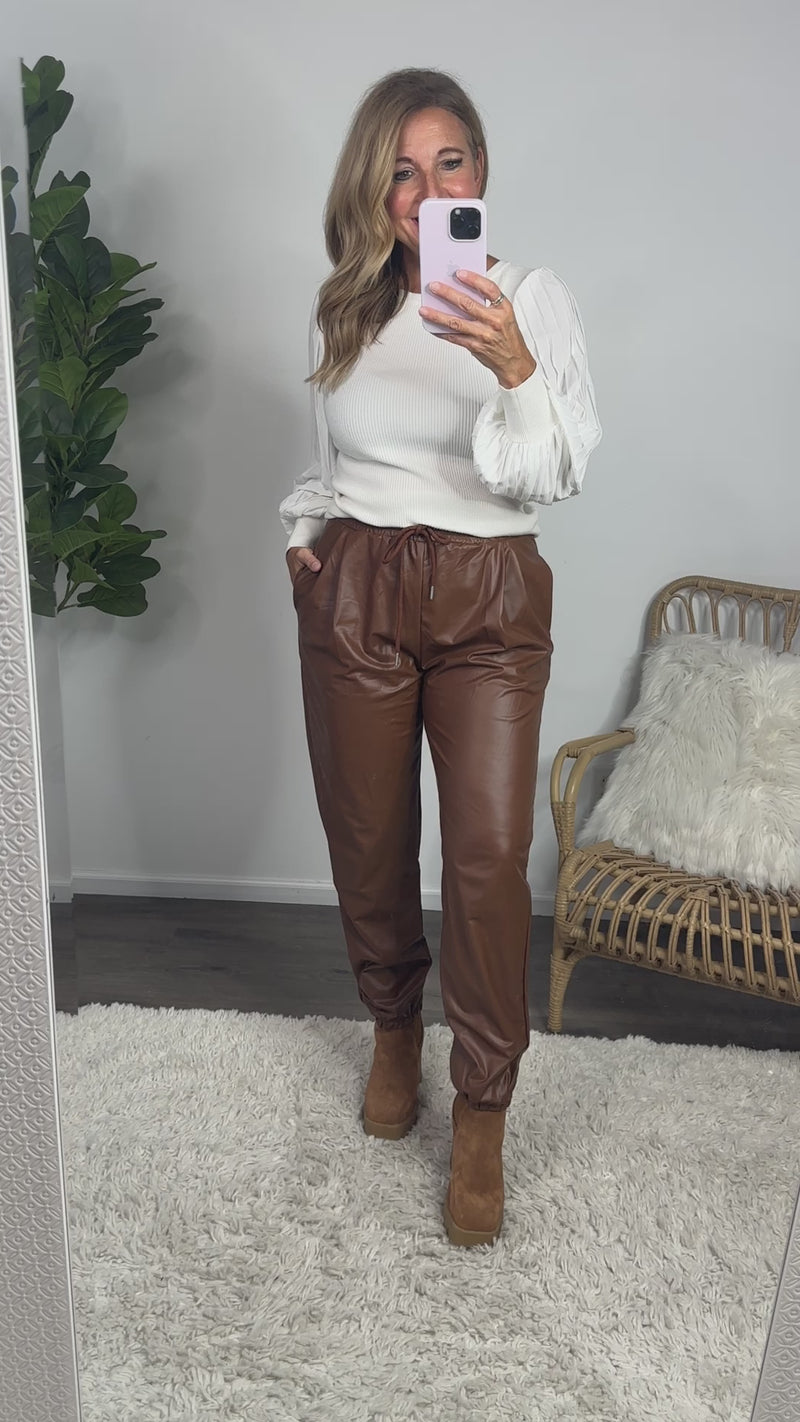Feeling Brand New Pleather Joggers : Chocolate