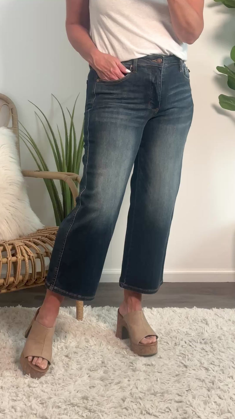 Judy Blue Phoenix Tummy Control Crop Wide Jeans : Dark