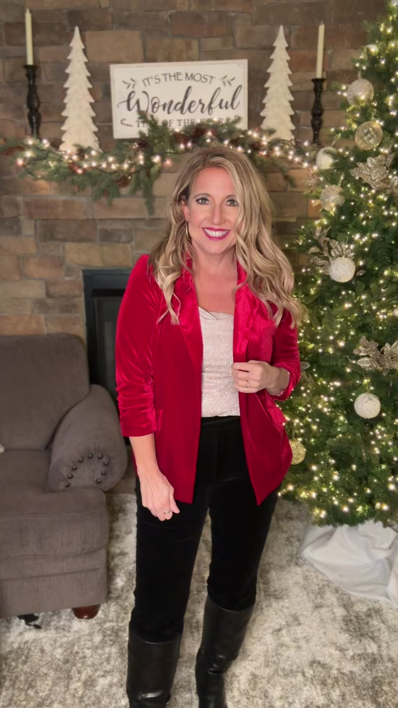 Venetia Button Detail Velvet Blazer : Red