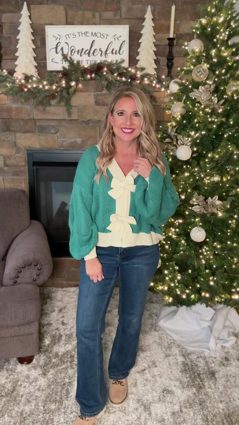 Bronte Cozy Bow Knit Cardigan : Green