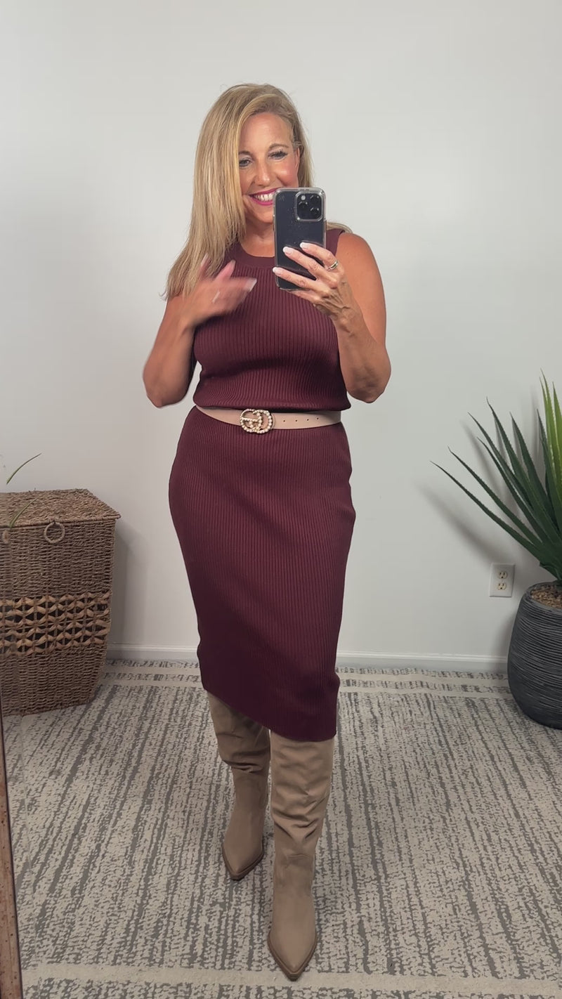 Danielle Ribbed Knit Midi Dress : Merlot