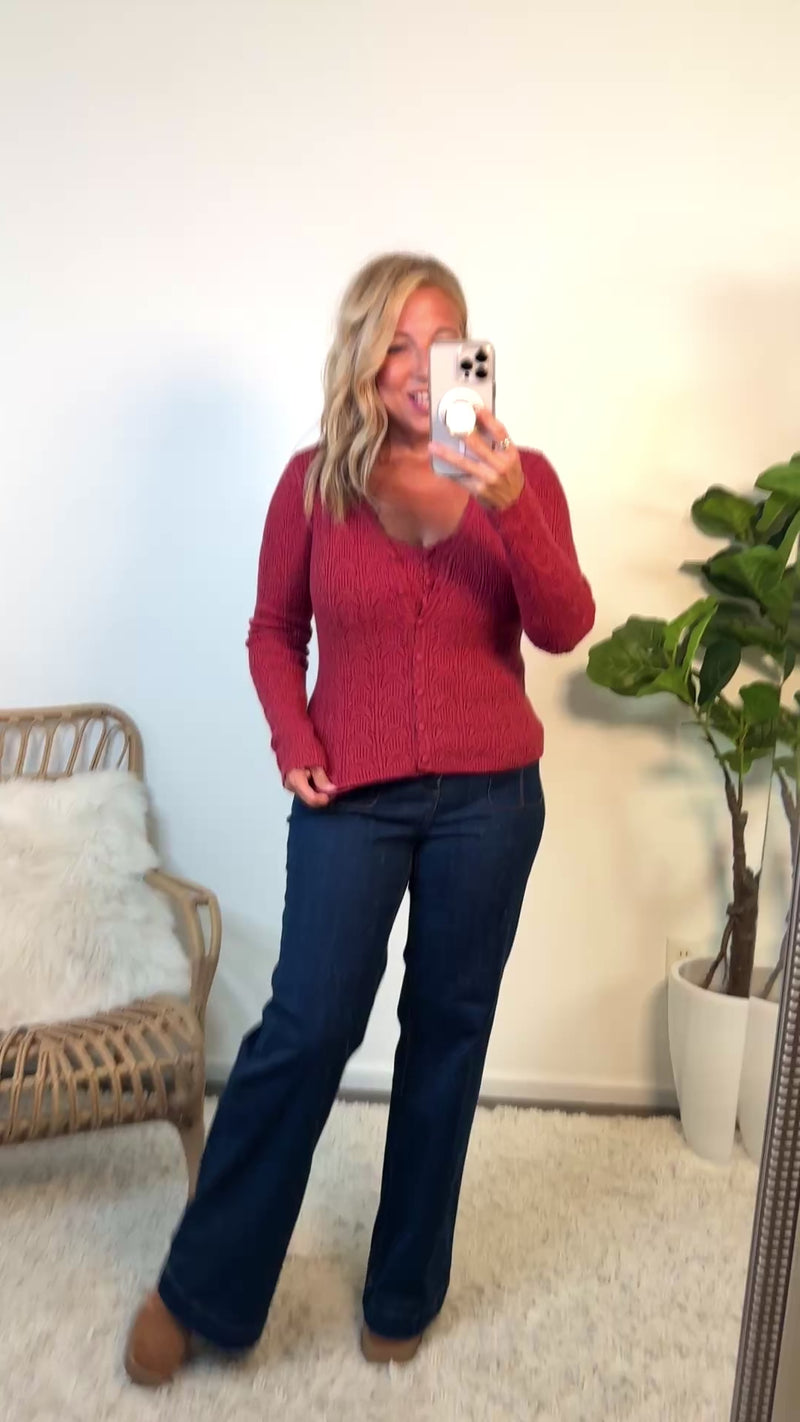 Cordilee Long Sleeve Pointelle Knit Cardigan: Burnt Sienna