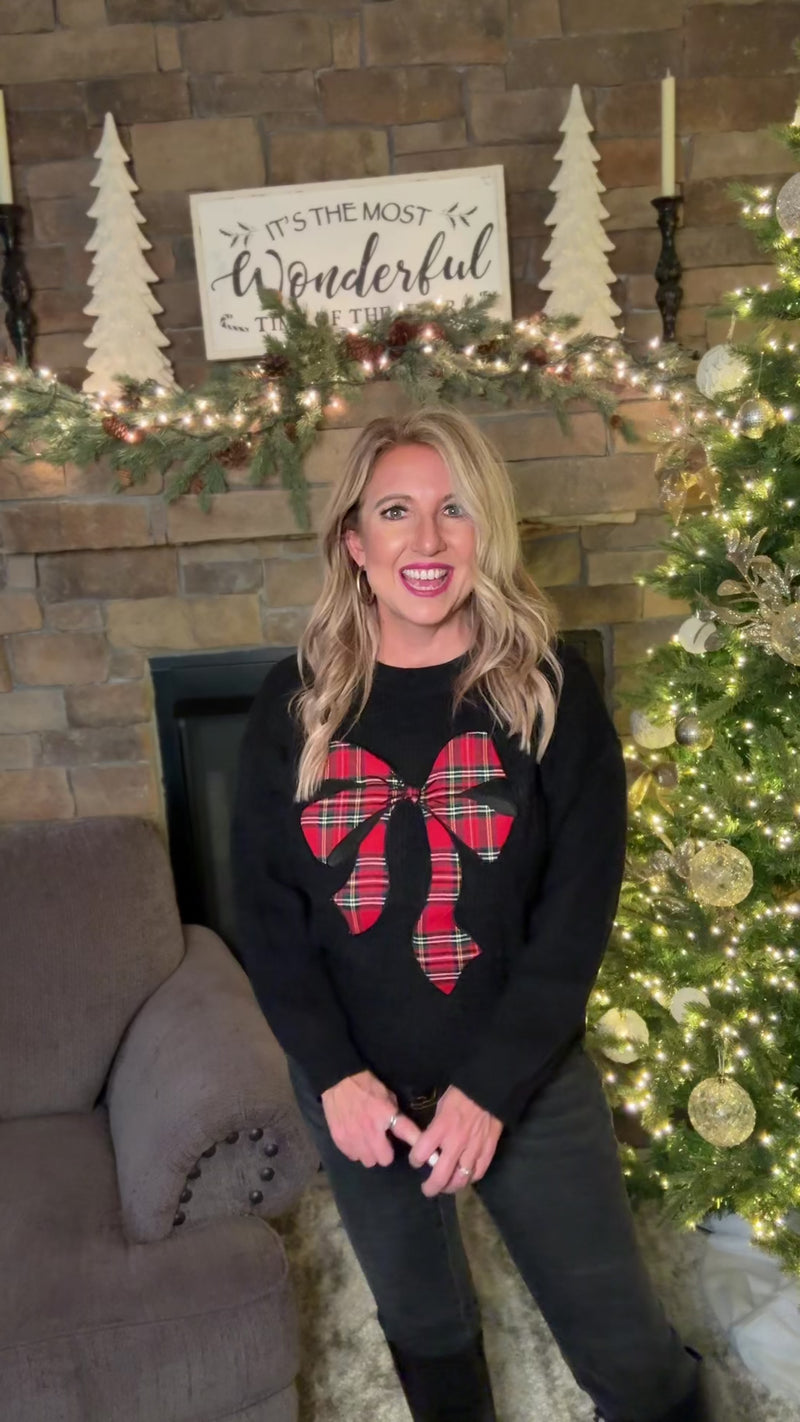 Gisele Checkered Plaid Ribbon Holiday Pull Over Sweater : Black