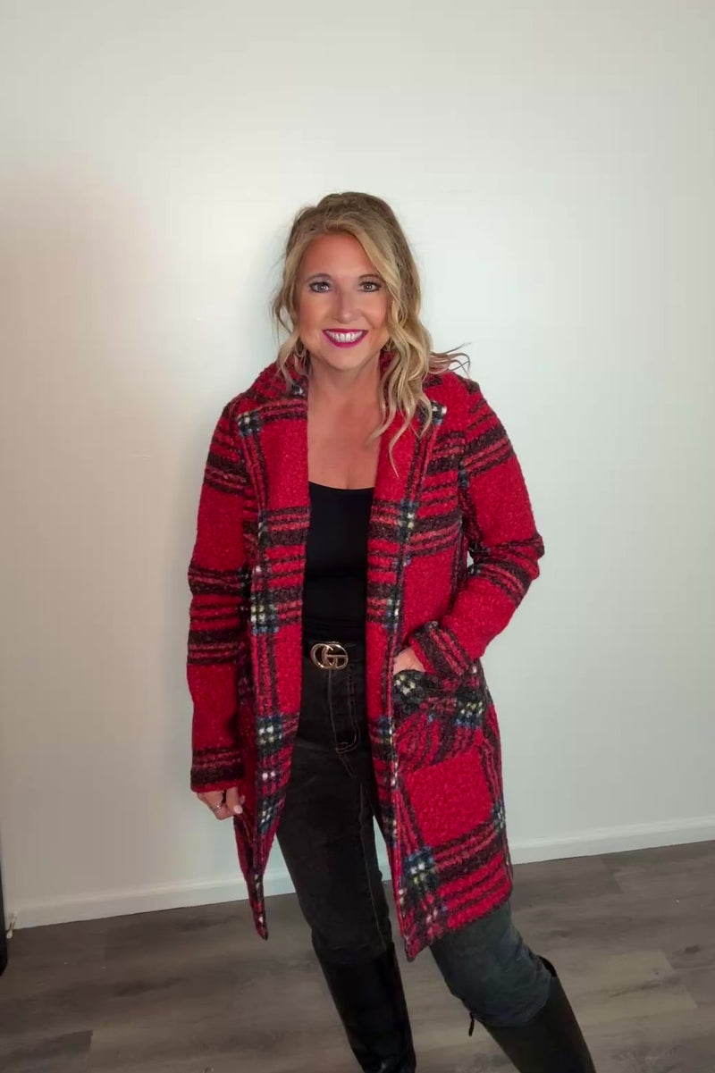 Charlie B Banyan Plaid Boucle Coat : Cranberry