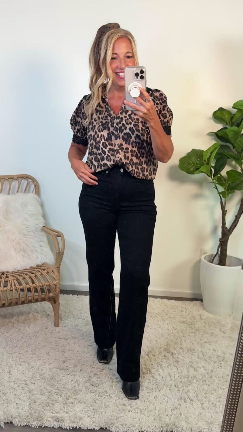 Moxie Lace Trimmed Animal Print Blouse : Taupe