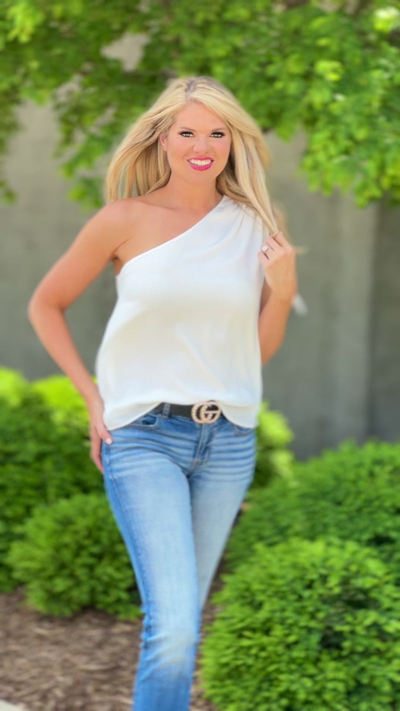 Eyes On Me Crinkle Drawstring One Shoulder Top : White