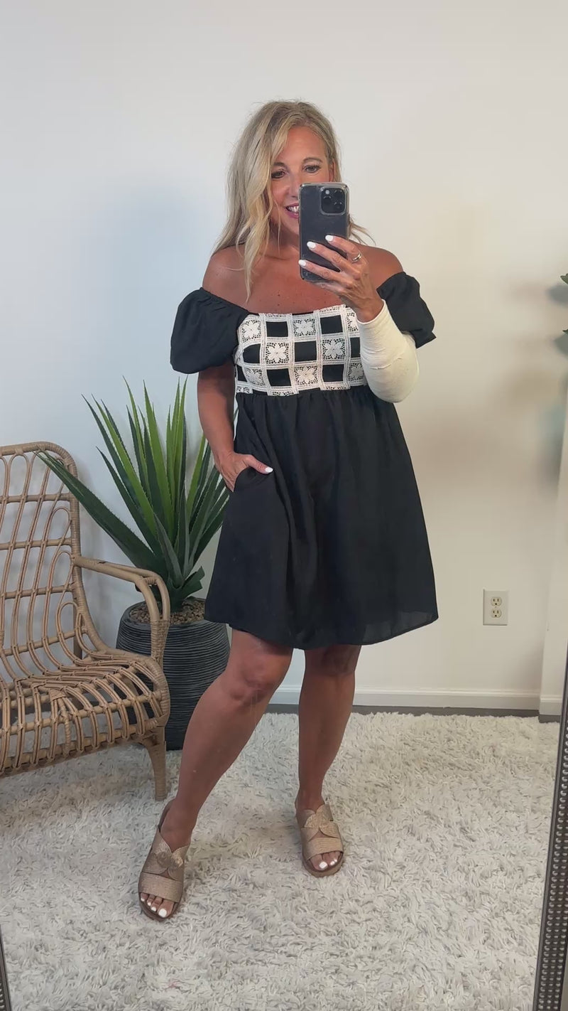 Telineah Crochet Checkered Mini Dress : Black