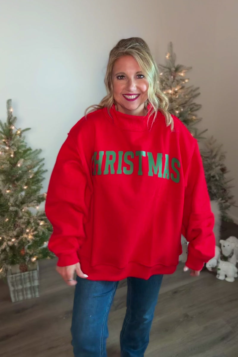 Belle Oversized Mock Neck Christmas Pullover : Red