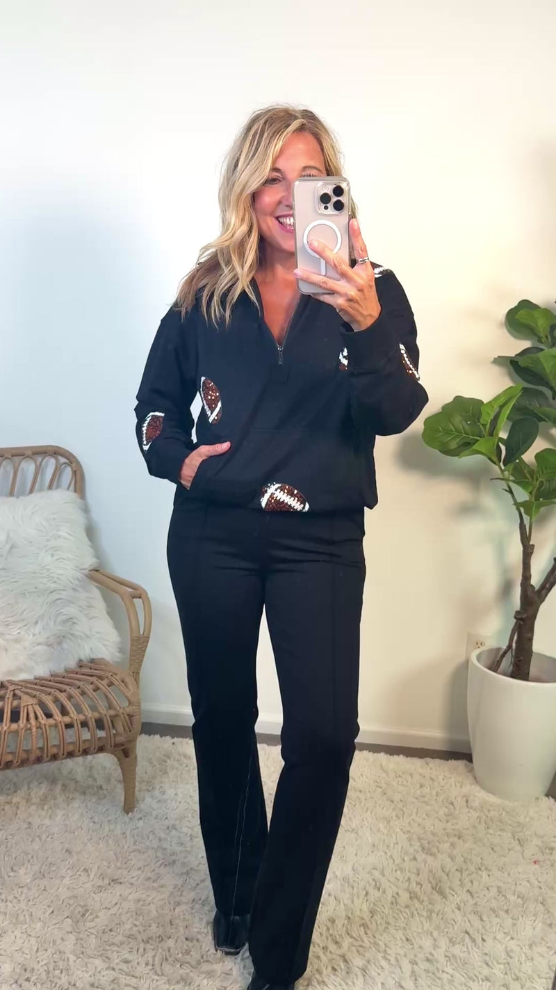 Glam Game Sequined Football 1/4 Zip Top : Black