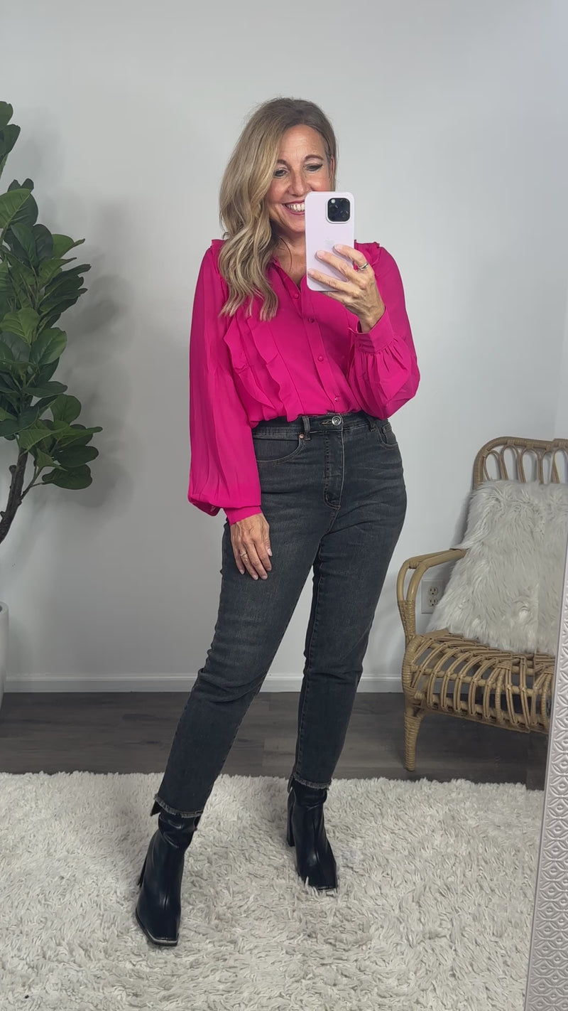 Sabrina Ruffle Button Down Shirt : Fuchsia