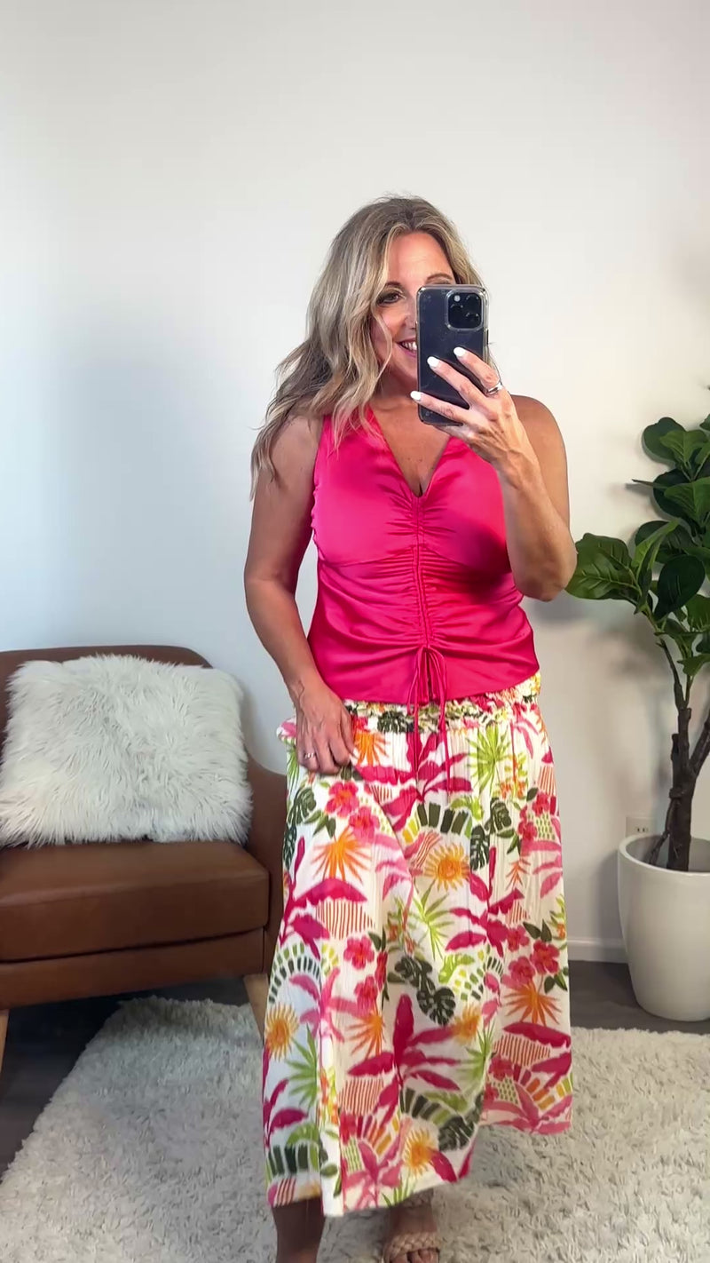 Rhys Satin Ruched Sleeveless Top : Raspberry