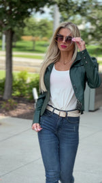 Hit The Town Faux Leather Puff Sleeve Jacket : Hunter Green