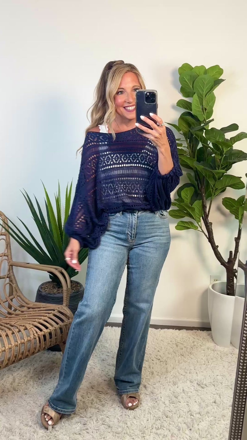 Storme Open Knit Dolman Sleeve Cover Up : Navy