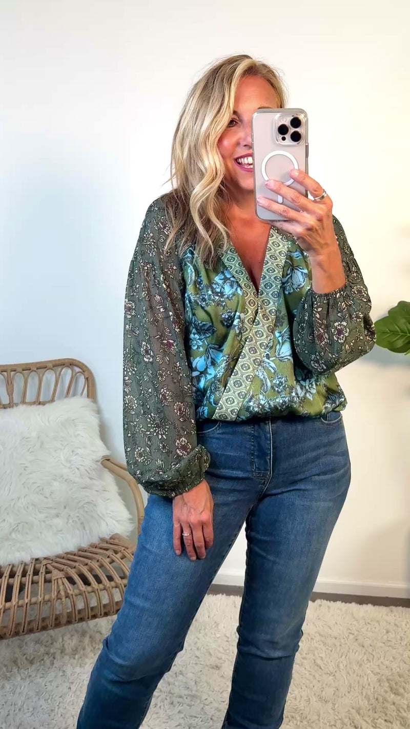 Kendall Mixed Print Blouse : Green Mix