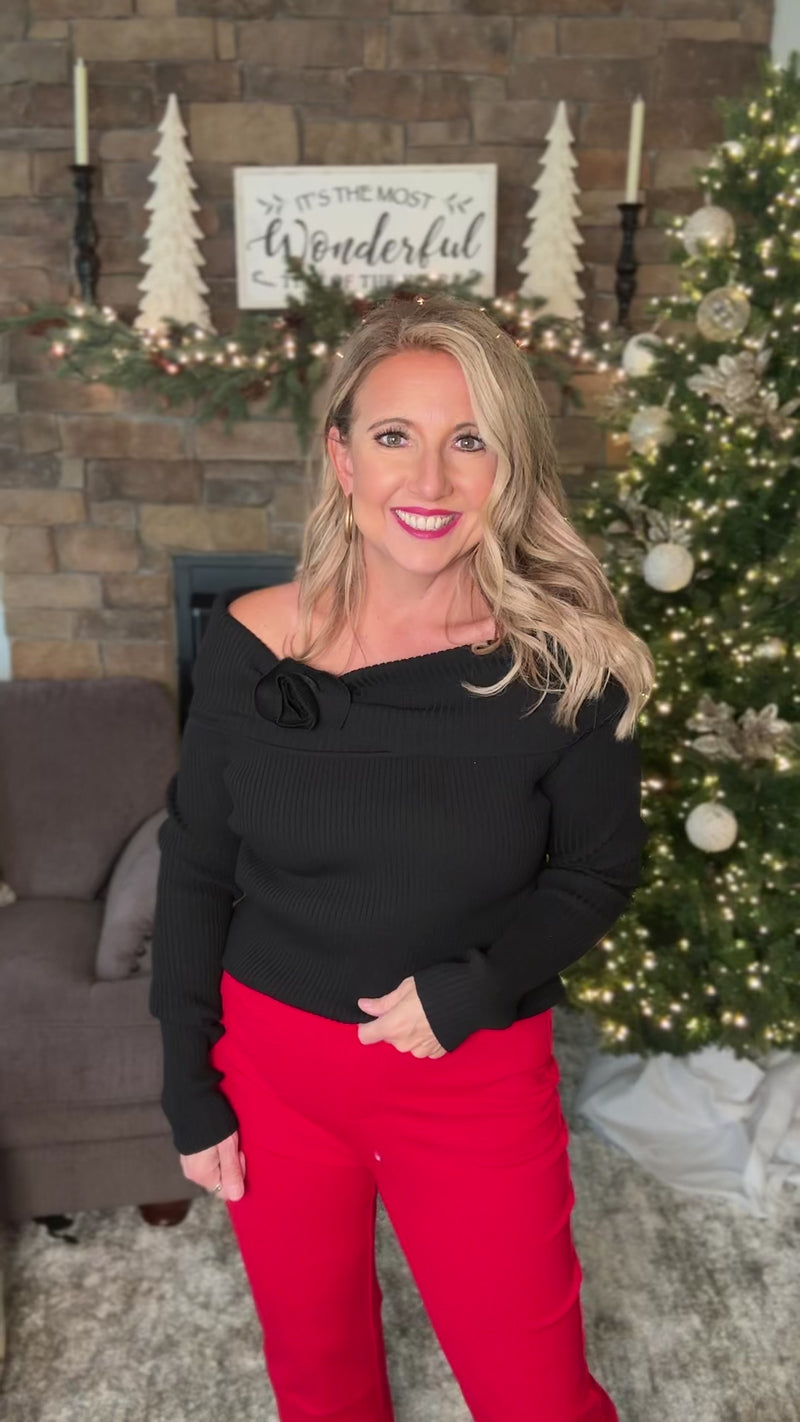 Estella Rose Corsage Off Shoulder Rib Knitted Sweater : Black