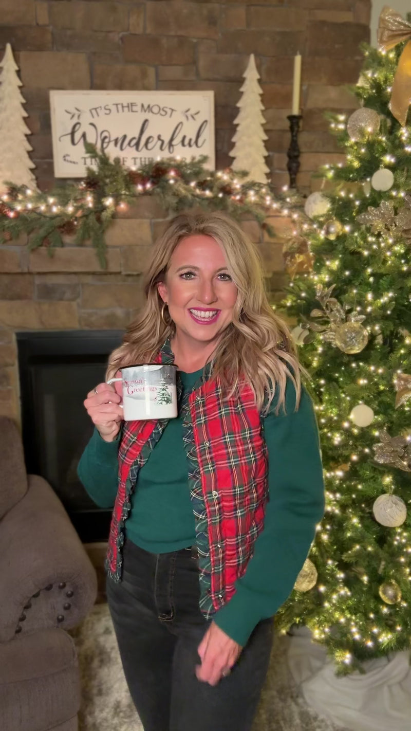 Christmas Tartan Check Quilted Ruffle Vest : Red