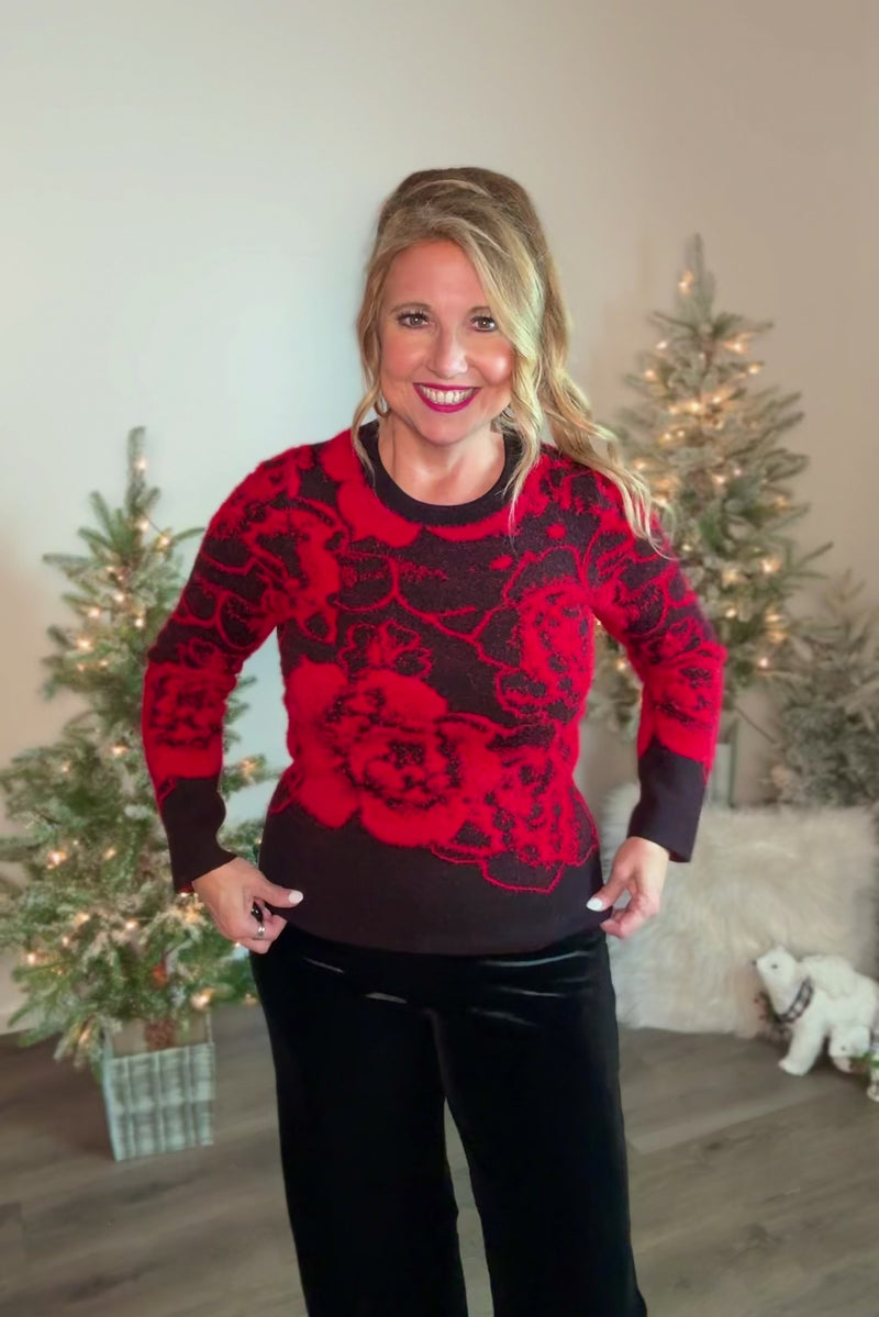 Liverpool Kaomi Floral Crew Neck Sweater : Red/Black