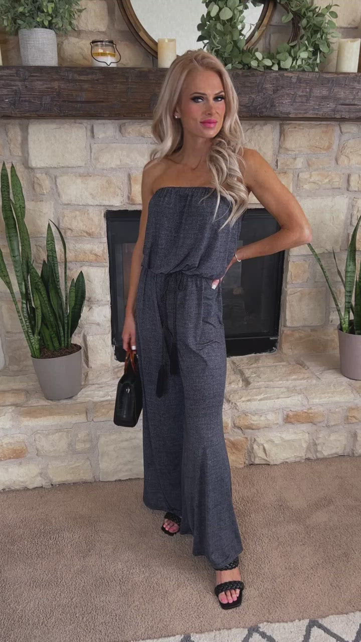 Delightful Night Printed Strapless Jumpsuit : Heathered Black