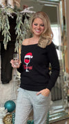 Santa Wine Glass OTS Knit Top : Black