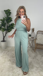 Carefree By The Sea Crinkle Knit Halter Jumpsuit : Seafoam Green