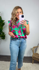 Looks Good On You Shirred Yoke Floral Top : Jade/Fuchsia
