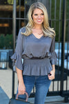 Call Me Smocked Yoke Peplum Blouse : Charcoal