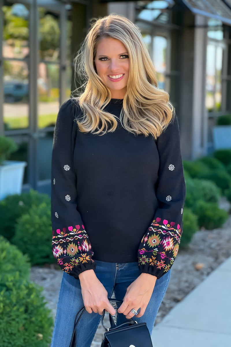 Maple Grove Embroidered Sleeve Knit Top : Black/Multi