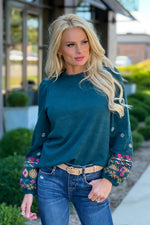 Maple Grove Embroidered Sleeve Knit Top : Teal/Multi