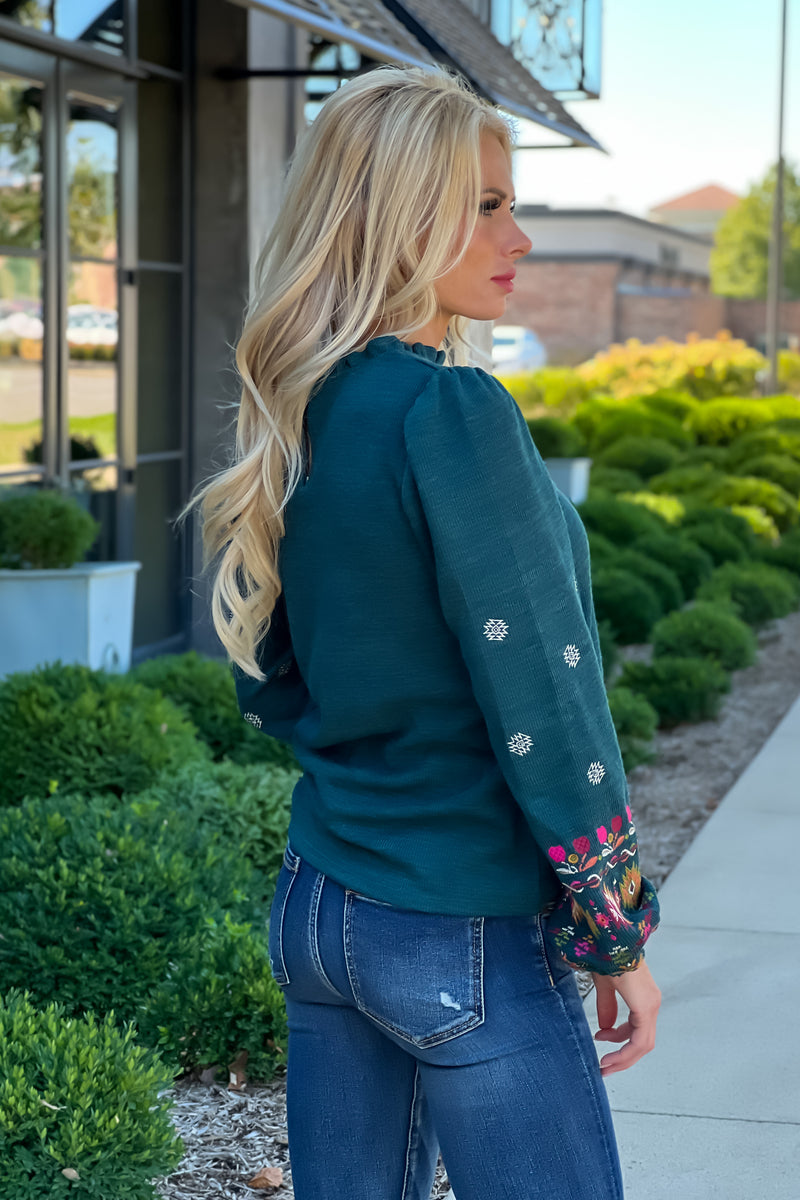 Maple Grove Embroidered Sleeve Knit Top : Teal/Multi