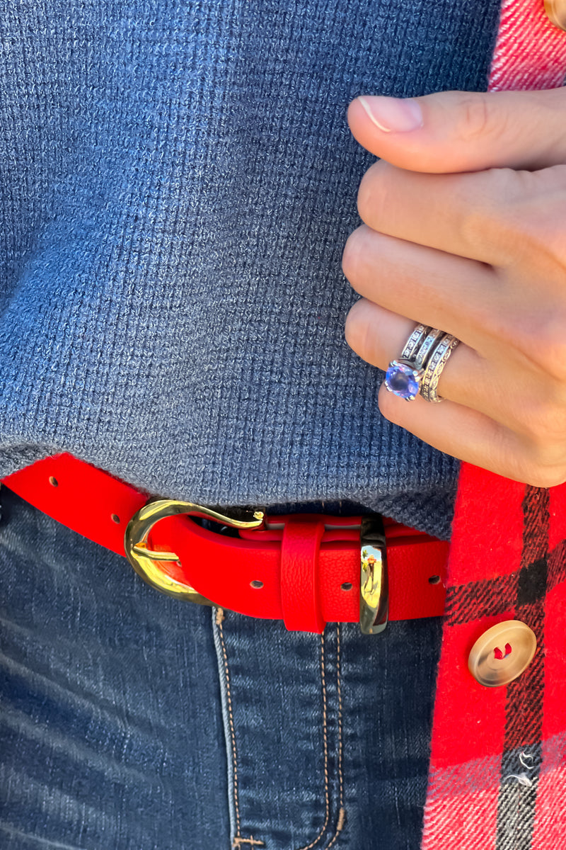 Kelce Faux Leather Gold Buckle Belt : Red