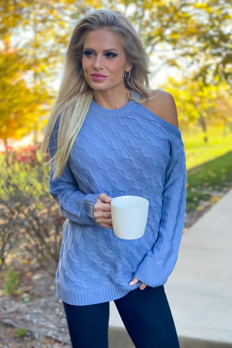 Back To My Roots One Cold Shoulder Cable Knit Sweater : Blue