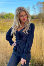 The Night Before Front Twist Satin Blouse : Black